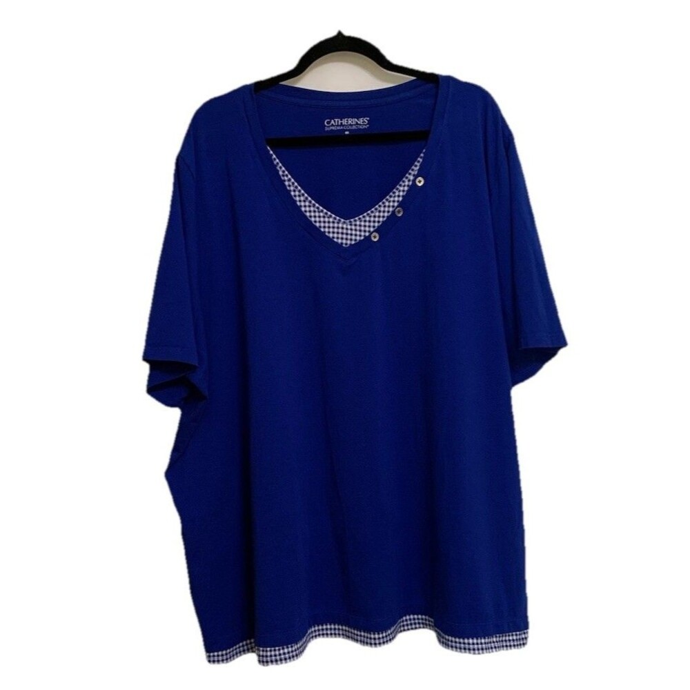 Catherines Womens Size 4X Top Blue Tee Gingham Layered Look Button V Neck